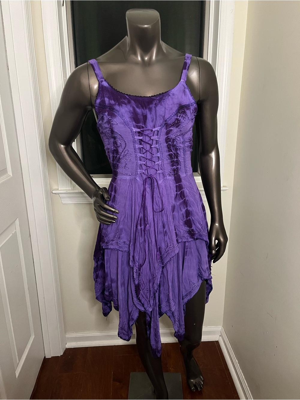 Purple Lace-Up Handkerchief Hem Mini Dress